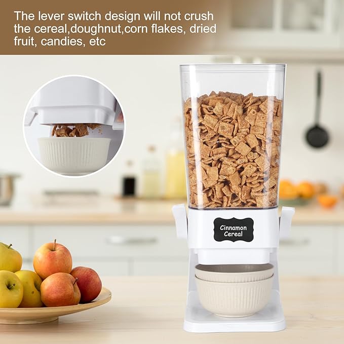 Cereal Dispenser Countertop with Cereal Bowls,16 Labels & Pen, Cereal Containers Storage, Candy Dispenser, Dry Food Dispenser For Pantry - Not Easy to Crush Food (White, 2 Pack)