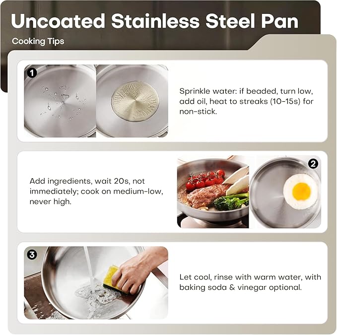 10 Inch Tri-Ply Stainless Steel Frying Pan, Healthy Stainless Steel Cookware, Skillet on Induction, Ceramic and Gas Cooktops, PFOA Free Cooking Pan, Dishwasher Safe, Stay-Cool Handle