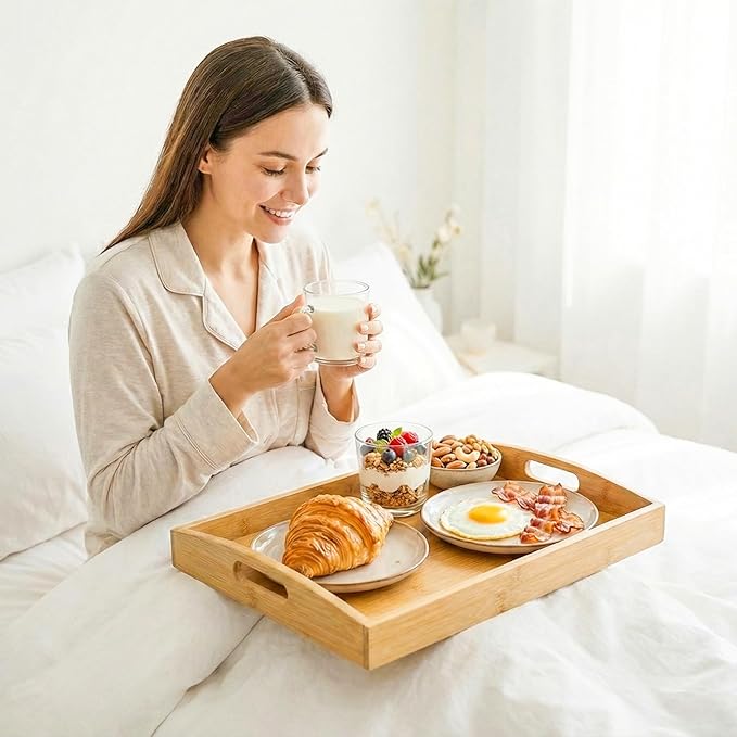 Larger Bamboo Serving Tray with Handles - Decorative Wooden Trays for Eating, Working, and Storing, Suitable for Use in Bedroom, Living Room, Kitchen, Bathroom, Outdoor Scenarios and More