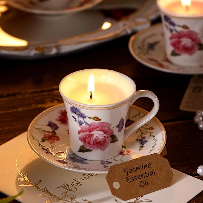 Nuanchu 4 Set Mini Vintage Tea Cup Candle Floral Cups with Saucer Tea Party Candles Gifts Oils Aromatherapy for Meditation Relief Mood Bridal Wedding Birthday Gift(Colorful)