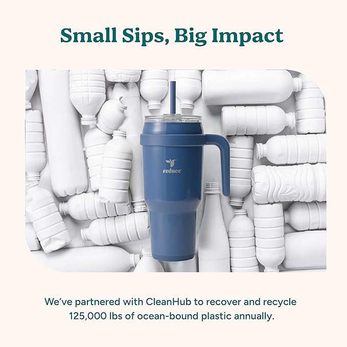 REDUCE Cold1 40 oz Tumbler with Handle - Vacuum Insulated Stainless Steel Water Bottle for Home, Office or Car, Reusable Mug with Straw or Leakproof Flip Lid, Keeps Drinks Cold All Day- Gloss Cotton