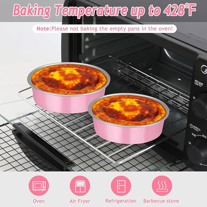 LNYZQUS 4” Mini Cake Tins with Lids 50 Pack, Small Aluminum Foil Pie Pans Disposable Ramekins Mini Tart Creme Brulee Baking Pans Dishes,Individual Muffin Tins Small Cake Contaniers-Pink