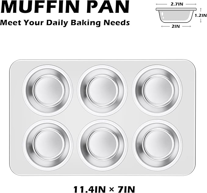 Leonyo 6-Cup Cupcake Pan, Stainless Steel Standard Size Cupcake Pans Tray for Baking, Metal Non-Toxic Muffin Tins, Dishwasher Oven Safe