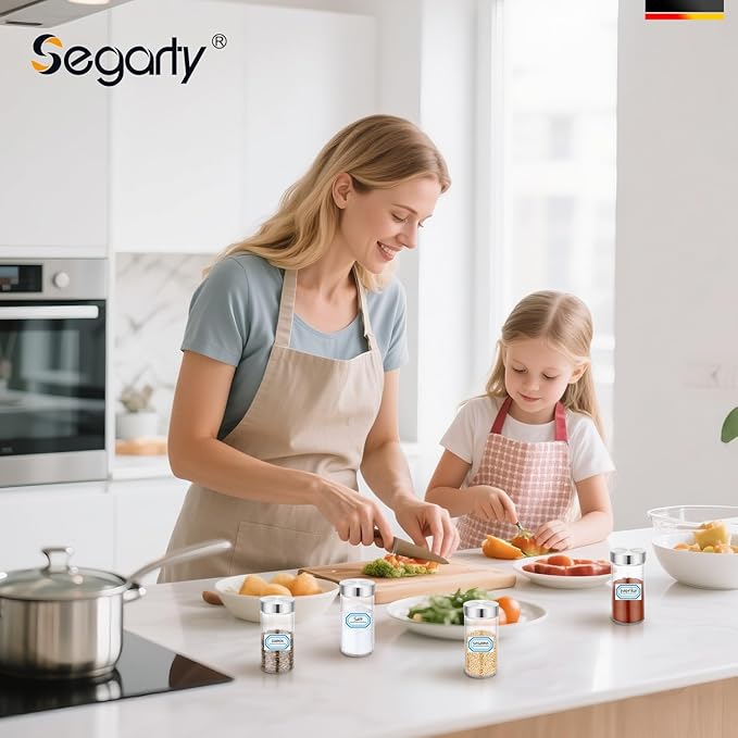 Segarty 3oz Spice Jar with Stainless Steel Shaker Lids, 3 Pack 90ml Round Spices Jars for Salt and Pepper Storage, Small Glass Seasoning Container Set, Empty Spice Shakers with 7 Stickers and 1 Brush