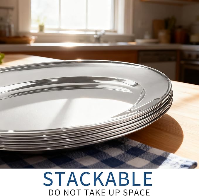 6 Packs Stainless Steel Oval Platter, Metal Plates, Oval Aluminum Platter for Decorative Snack Candy Pizza Fruit Camping Sliver Long & Deep 13 x 8.4 Inch