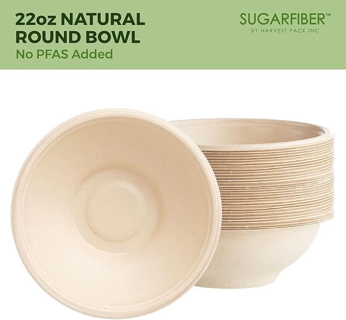 [1000 Count]Sugarfiber by Harvest 22oz Round Compostable Bowls PFAS Free with PLA coating, Heavy-Duty Eco-Friendly Disposable Bagasse Bowl, Sugarcane made plant fibers for Meal Prep