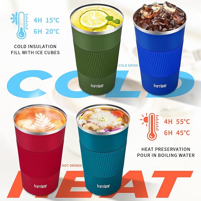 KETIEE Travel Coffee Mug 12oz: Insulated Coffee Cup with Leakproof Lid, Coffee Tumbler, Vacuum Stainless Steel Reusable Coffee Cups, Coffee Mug to Go for Hot/Iced Water (Blue)