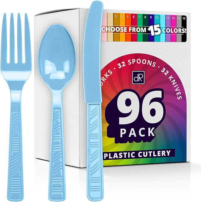 DecorRack Plastic Cutlery Set, Light Blue Colored Plastic Silverware Sets for Parties, 96 Piece Bulk Heavy Duty Utensils (Light Blue, 96 Pieces)