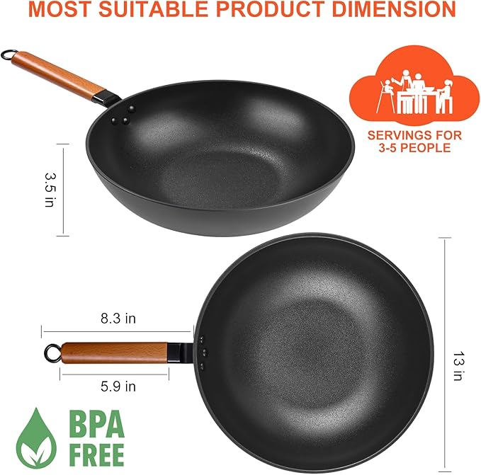 13" Nonstick Wok - Wok Pan with Lid, Carbon Steel Woks & Stir-Fry Pans: Flat Bottom Chinese woks for Electric, Induction, Gas, All Stoves