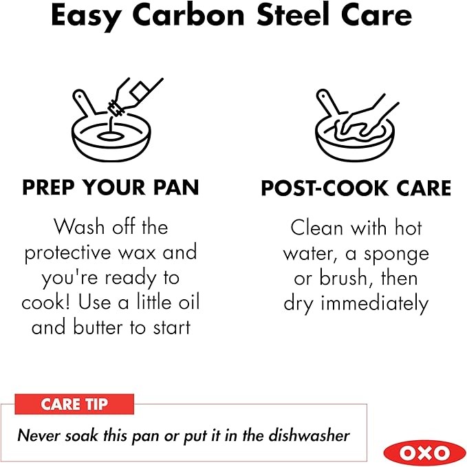 OXO Obsidian Pre-Seasoned Carbon Steel, 12" Frying Pan Skillet with Holes for Grilling with Removable Silicone Handle Holder, Induction, Oven Safe, Black