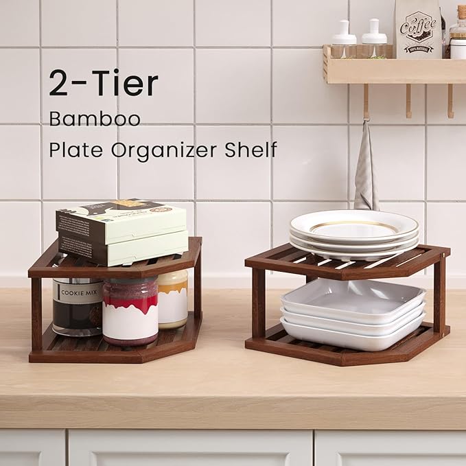 Bamboo Corner Shelf(2 Pack),2 Tier Plate Organizer for Cabinet and Countertop,Pantry Dish and Spice Rack for Kitchen（Brown）