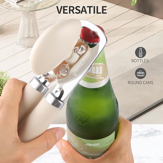 Can Opener Manual, Heavy Duty Stainless Steel Smooth Edge Can Openers With Soft Touch Handle, Oversized Handheld Easy Turn Knob, Multi-Function Bottle Opener, Beige