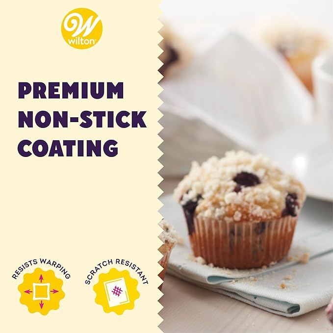 Wilton Gold Non-Stick 12 -Cup Muffin Pan, Cold-Rolled Steel Bakeware, Made without PFAS, 10.5 x 15 x 1.4 in, Packaging May Vary