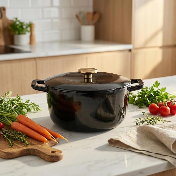 7QT Enamel Cast Iron Dutch Oven with Lid,Dual Handles,Versatile Heavy-Duty Non-toxic Cookware for Sourdough Bread Baking,Braising,Stews,Roasting,Oven Safe up to 500°F black