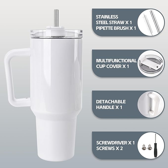 D·S 4 Pack 40 oz Sublimation Tumbler with Handle Insulated Large Sublimation Tumblers Bulk with Lids and Straws Stainless Steel Coffee Mugs for DIY Craft Heat Press Print