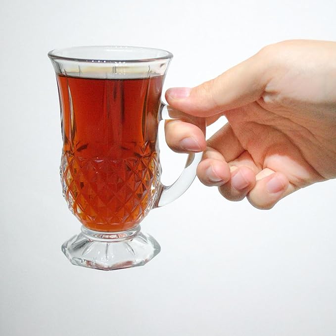 Footed Turkish Tea Glasses With Handle, Set of 24 Cups, Crystal Clear Tea and Latte Glasses, Slim Waist Design and Thick Sole Prevent the Drinks From Getting Cold, Dishwasher Safe, 5.5 oz