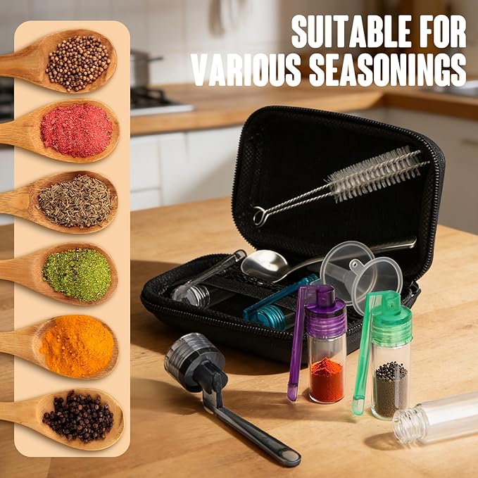 Camping Spice Jars Kit with Spoon, Travel Spice Containers Mini, Outdoor Glass Small Spice Containers for Camping - Portable Seasoning Kit & Spice Dispenser