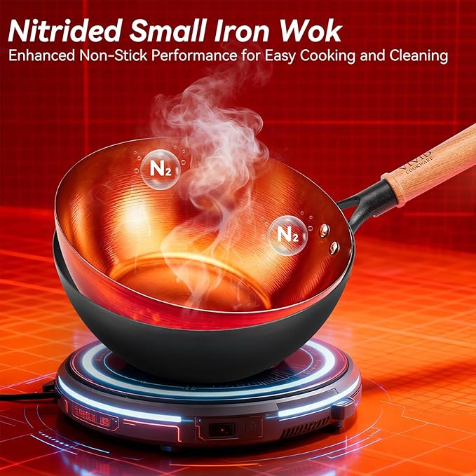 Carbon Steel Wok Pan with Lid, 9.8 Inch Deep Flat Bottom Wok, Coating-Free Carbon Steel Pan for Stir Fry, Soup, Noodles, Braising & Boiling, Small Induction Wok with Wooden Handle