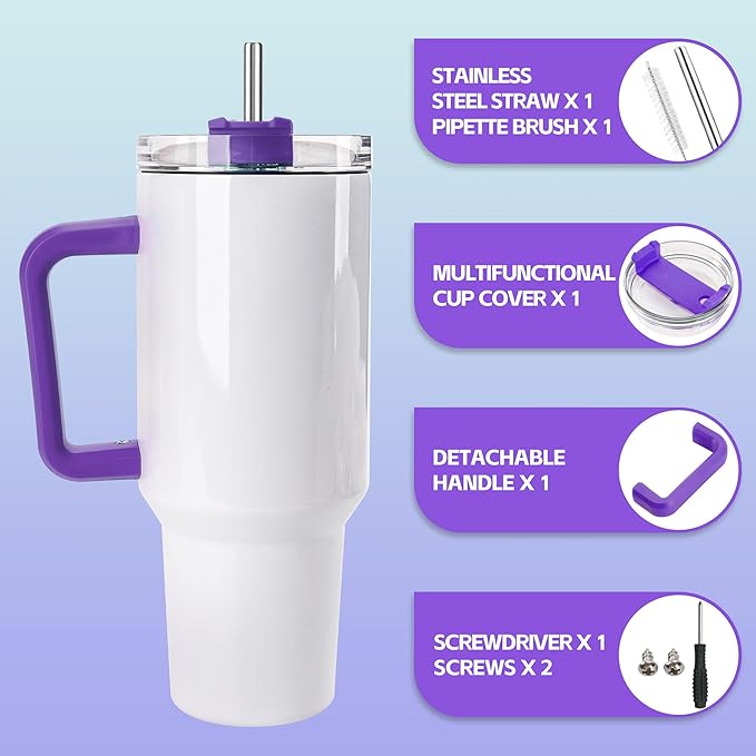 D·S 4 Pack Sublimation Tumblers 40 OZ with Handle Blank Insulated Large Tumbler Bulk, Coffee Travel Cups Stainless Steel Travel Mug for Diy Craft Heat Press Print