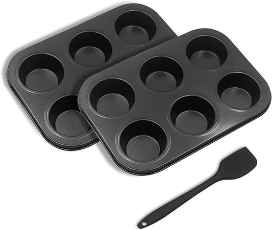 Non-Stick Muffin Pans, 6-Cup Standard Baking Pans Set of 2 with a Scraper for Perfect Muffins & Cupcakes