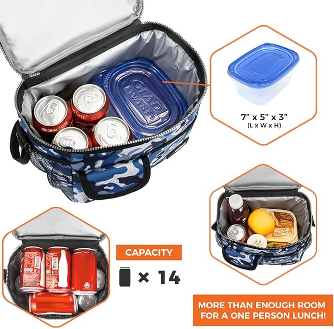 opux Insulated Lunch Bag for Men Women, Leakproof Camo Blue Lunch Box for Work, Portable Soft Lunch Cooler Bag with Shoulder Strap, Adult Lunchbox Lunch Pail for Kid Boy Girl School, 14 Can/8L
