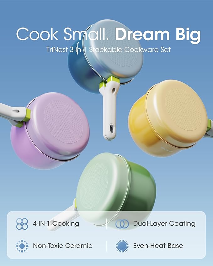 Ceramic Non Stick Sauce Pan, 2.5QT Saucepan with Frying Pan as Lid, Steamer Pot for Cooking, Induction Cookware Set, PTFE, PFOA & PFAS Free, Drak Blue