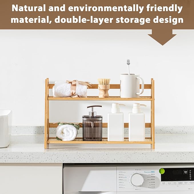 1 Pcs 2 Tier Matcha Station Shelf Bamboo Coffee Mug Stand Countertop Storage Rack, Double Layer Rattan Office Cup, Kitchen, Tea, Plant, Bar Accessories Condiment Display (Wood,17.7 Inch)