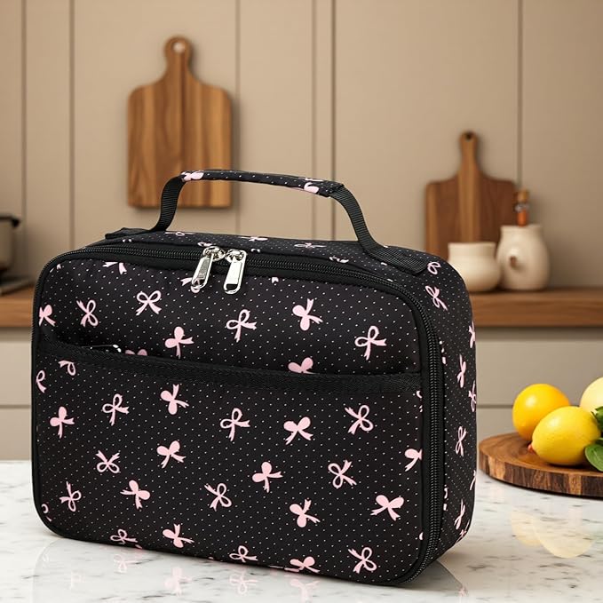 LEDAOU Lunch Box Kids Insulated Lunch Bag Girls Toddler Reusable Lunchbox for School Picnic Hiking (Black-Pink Bow)