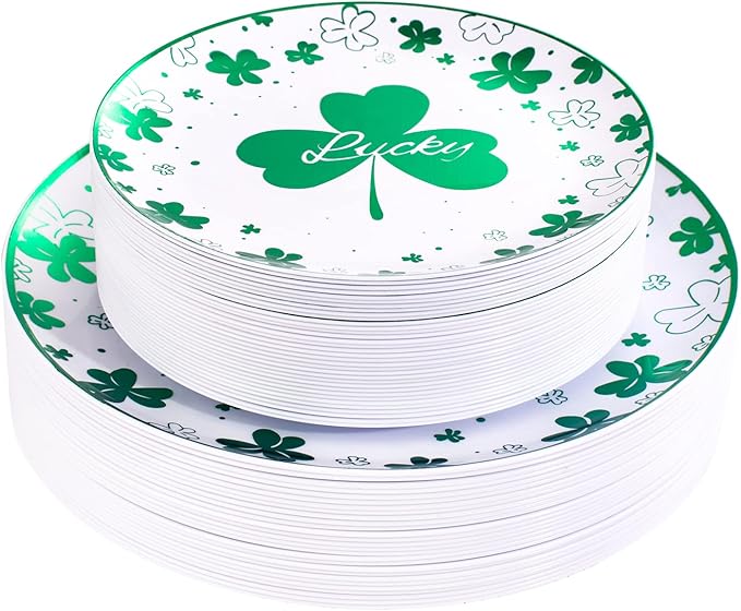 Rubtlamp 60Pcs Plastic Green Plates,St Patricks Day Plates with Green Trefoil and Lucky Alphabet, Green Disposable Plates include 30 Plastic White Dinner Plates and 30 Salad Plates for Spring
