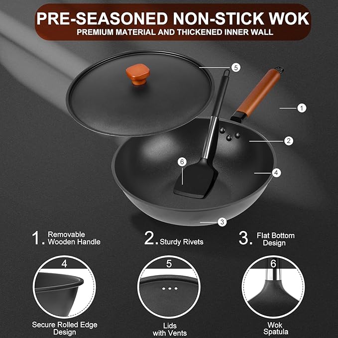 13" Nonstick Wok - Wok Pan with Lid, Carbon Steel Woks & Stir-Fry Pans: Flat Bottom Chinese woks for Electric, Induction, Gas, All Stoves