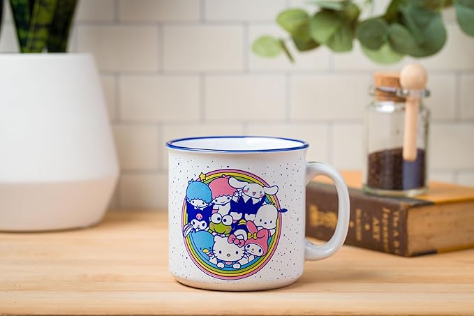 Silver Buffalo Sanrio Hello Kitty Friends Featuring Little Twin Stars, Cinnamoroll, Kuromi, Keroppi, Badtz-Maru, Pochacco, Tuxedo Sam, My Melody, Pompompurin, Chococat Ceramic Camper Mug, 20 Ounces