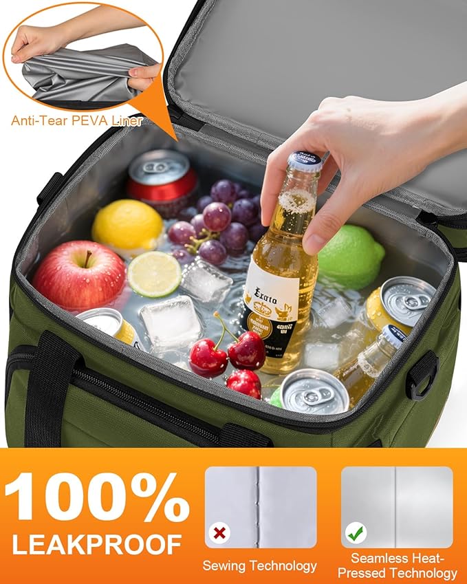 Lunch Box For Men Women Double Deck Insulated Lunch Bag For Men Woman Leakproof Expandable Cooler Bag with Adjustable Shoulder Strap for Kids Shool Work Picnic Camping(Green,Large)