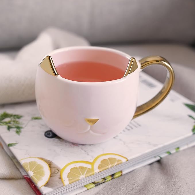 Pinky Up Chloe Cat Ceramic Coffee Mug, Tea Cups, Travel Mugs for Cappuccino, Latte, Hot Chocolate, Milk, Herbal Teas, 12 oz, Set of 1, Pink