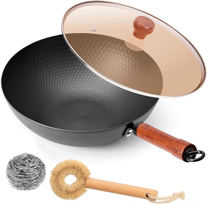 WANGYUANJI 12.6-Inch Carbon Steel Wok with Lid, Flat Bottom Nonstick Chinese Wok Pan with Detachable Wooden Handle for Induction, Gas & Electric, 5 QT Stir Fry Pan