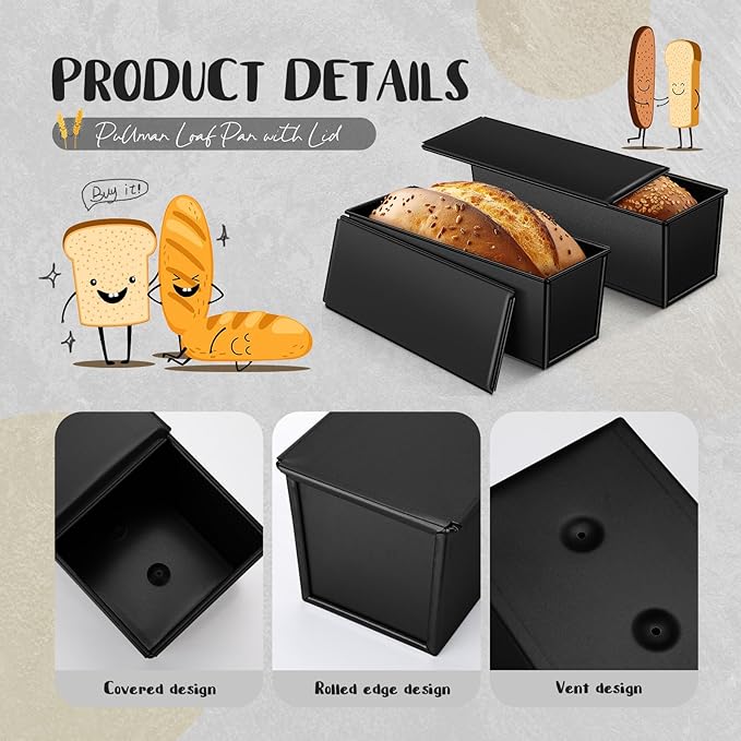 2 Pack 2 lb 13 x 4 Inch Pullman Loaf Pan with Lid Dough Capacity Bread Loaf Pan with Cover, Nonstick and Quick Release Coating for Home Bakeware Bread Toast Oven Baking(Black)