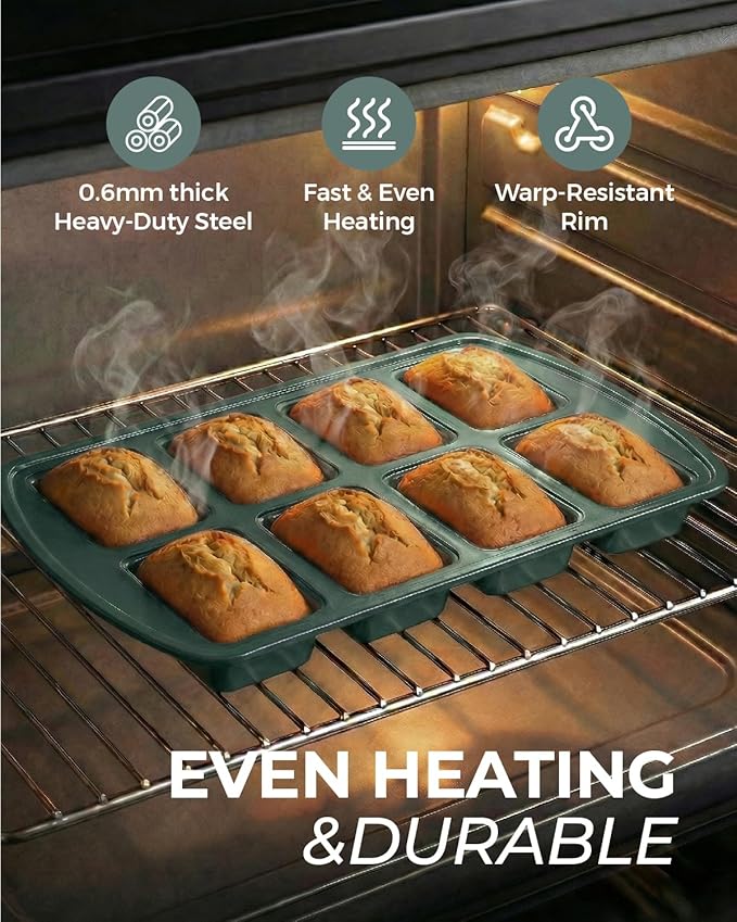 CARTMAN 2-Pack 8-Cavity Mini Loaf Pans Set with Spatula & Brush – 15.5” x 10” Nonstick Carbon Steel Small Bread Pan for Banana Bread, Meatloaf & Keto Snacks Sage Green