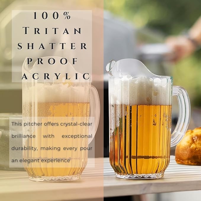 2-Pack Unbreakable Plastic Beer Pitcher, 60 oz, Restaurant-Grade Polycarbonate, Clear Beverage Dispenser with Pour Spout, Dishwasher-Safe, Ideal for Beer, Sangria, Lemonade Iced Tea Outdoor or Indoor