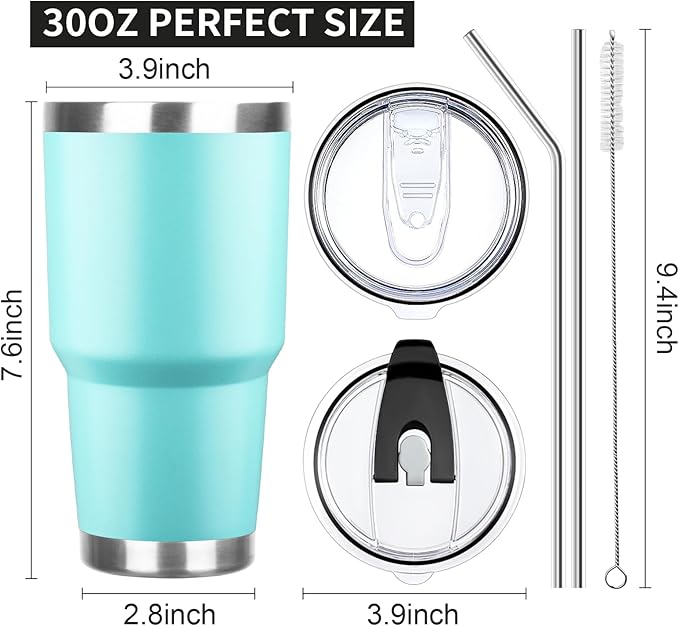 30 oz Tumbler with Lids and Straws Double Wall Vacuum Insulated Tumbler Cup,Stainless Steel Leak-proof Thermal Tumbler Powder Coated Travel Coffee Mug for Cold and Hot Drinks,Teal