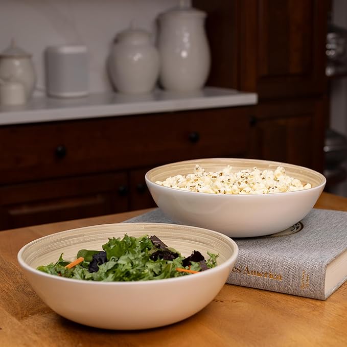 LEXA 12" Handmade Bamboo Salad Bowl – 130 oz Large Wooden Fruit Bowl for Kitchen Counter, White, Pack of 2