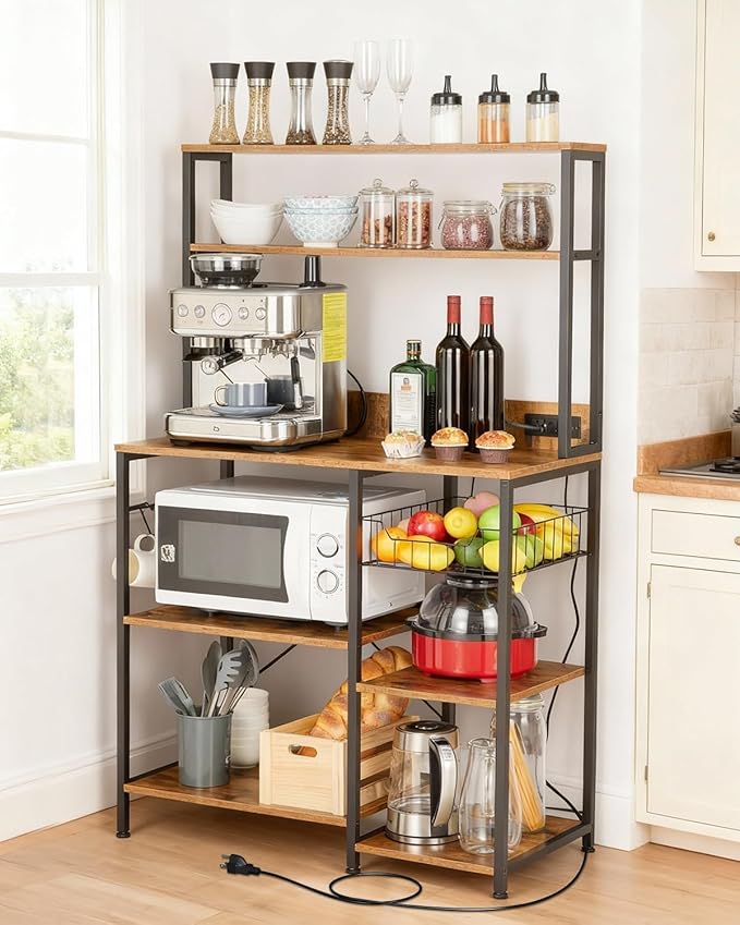 IDEALHOUSE Kitchen Bakers Rack with Power Outlets, 5-Tier Microwave Stand with 2 AC Outlets, USB & Type-C Ports, Coffee Bar Station with 6 S-Hooks and Basket, 35.43 x 15.75 x 60 Rustic Brown