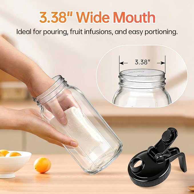 64oz Glass Pitcher with Lid & Spout – 2 Quart Mason Jars, Airtight & Leakproof Breastmilk Pitcher for Cold Brew Coffee, Sun Tea, Water, Juice – Wide Mouth, Fridge Safe