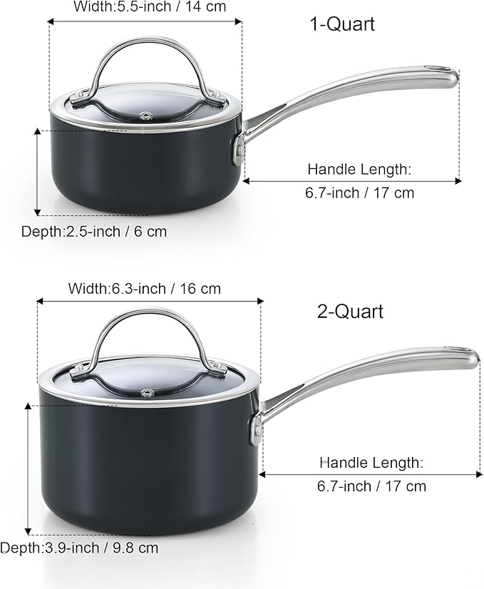 Cooks Standard Nonstick Sauce Pan Set, 1Qt & 2Qt Hard Anodized Saucepans with Lid Cooking Pots, Oven Safe, Easy to Clean, Black