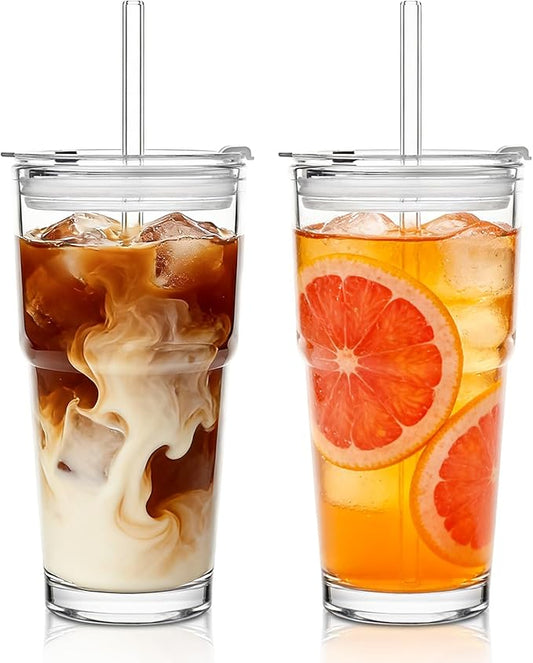 20oz Glass Tumbler with Lid and Glass Straw –Set of 2, Clear Reusable Iced Coffee Cup, Drinking Glass for Coffee, Tea, Juice, Smoothies – Durable & Elegant Glassware