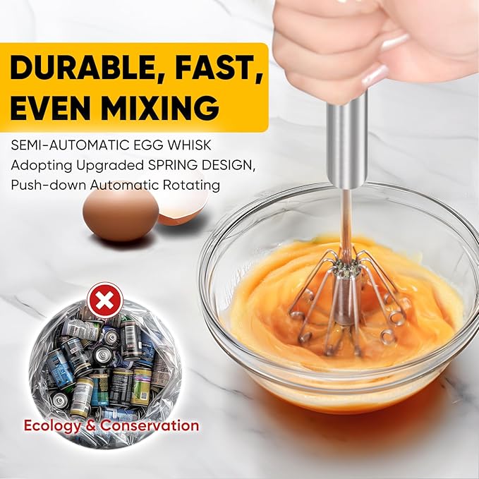 OOKUU Stainless Steel Egg Whisk, Semi Automatic Whisk Blender - Versatile Tool for Blending, Whisking, Beating & Stirring (12in)