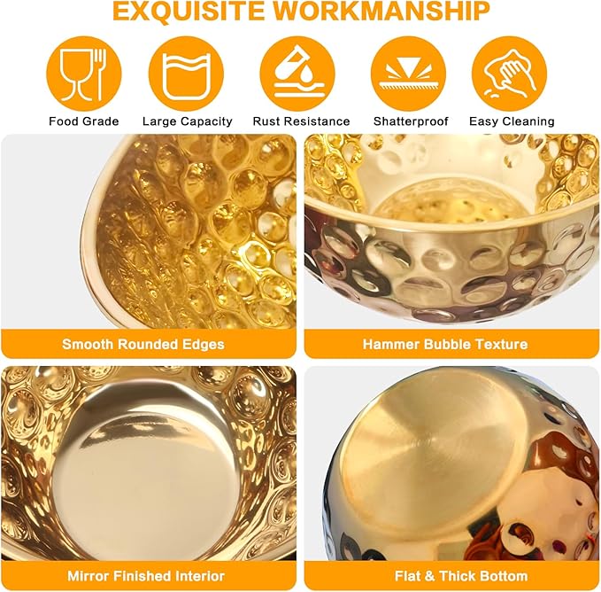 Mixing Bowls Set, 5PCS Stainless Steel Hammered Multicolor Mixing Bowls, Nesting Design Kitchen Bowls, 4.9/4.2/3.2/2.1/1.6QT for Mixing & Serving