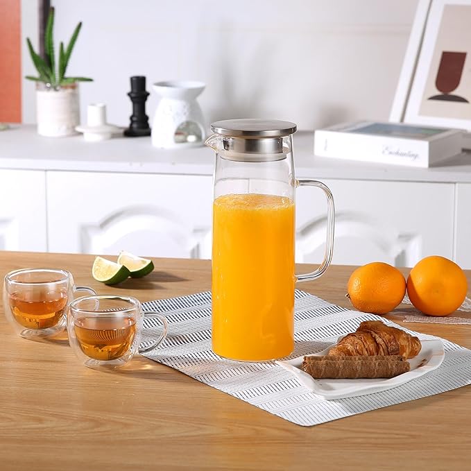 Heat Resistant Glass Pitcher With Lid And Spout, Iced Tea Pitchers Beverage Pitchers For Fridge, Water Pitcher And Carafe 1200ml/41oz
