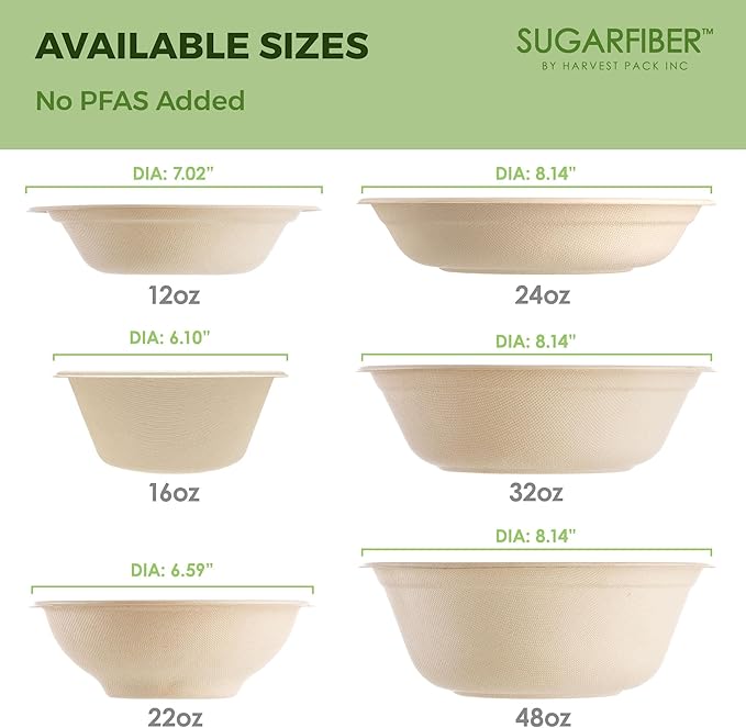 [500 COUNT]Harvest Pack PFAS FREE 24oz Compostable Bowls, Round Soup Paper Bowls Heavy-Duty Eco-Friendly Disposable Bagasse Bowl, sugarcane made plant fibers for Meal Prep