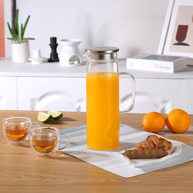 Heat Resistant Glass Pitcher With Lid And Spout, Iced Tea Pitchers Beverage Pitchers For Fridge, Water Pitcher And Carafe 1500ml/51oz