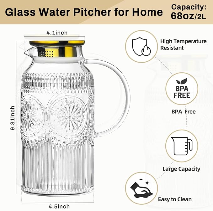 Glass Pitcher with Lid and Handle, 2 PACK 68 oz/2 Liter Vintage Embossed Sun Flower Water Pitcher, Clear Borosilicate Glass Water Carafe for Cold Brew, Iced Sun Tea,Beverage, Heat Resistant