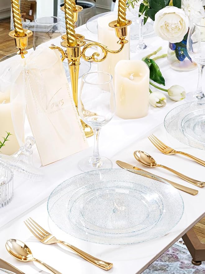 WDF 200PCS Blue Plastic Plates - Blue Glitter Plastic Plates - Heavy Duty Disposable Plates - Include 100 Dinner Plates 10" and 100 Dessert Plates 7" for Parties/Wedding/Graduation/Easter